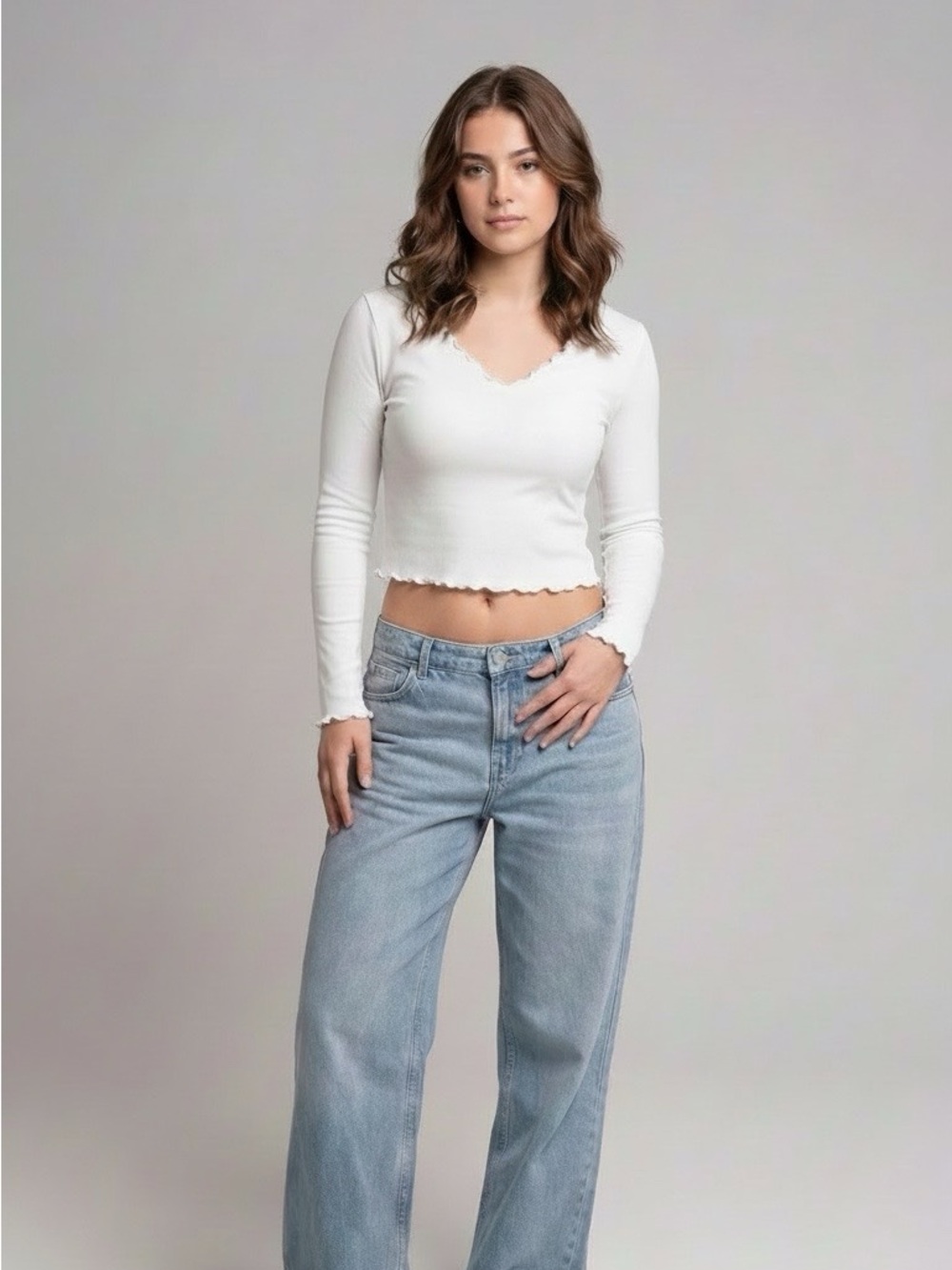 OQQ Cropped Ribbed V-Neck Long Sleeve Top in White
